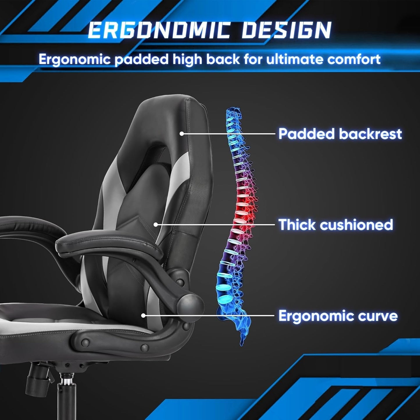 Ergonomic Gaming Chair – PU Leather, Lumbar Support, Flip-Up Arms, Rocking Function, 360° Swivel, Adjustable Height – High-Back Computer Desk Chair