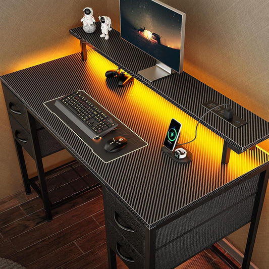 47" LED Gaming Desk with 4 Storage Drawers – RGB Lights, USB/Type-C Charging & Monitor Stand