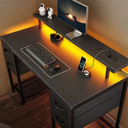 47" LED Gaming Desk with 4 Storage Drawers – RGB Lights, USB/Type-C Charging & Monitor Stand