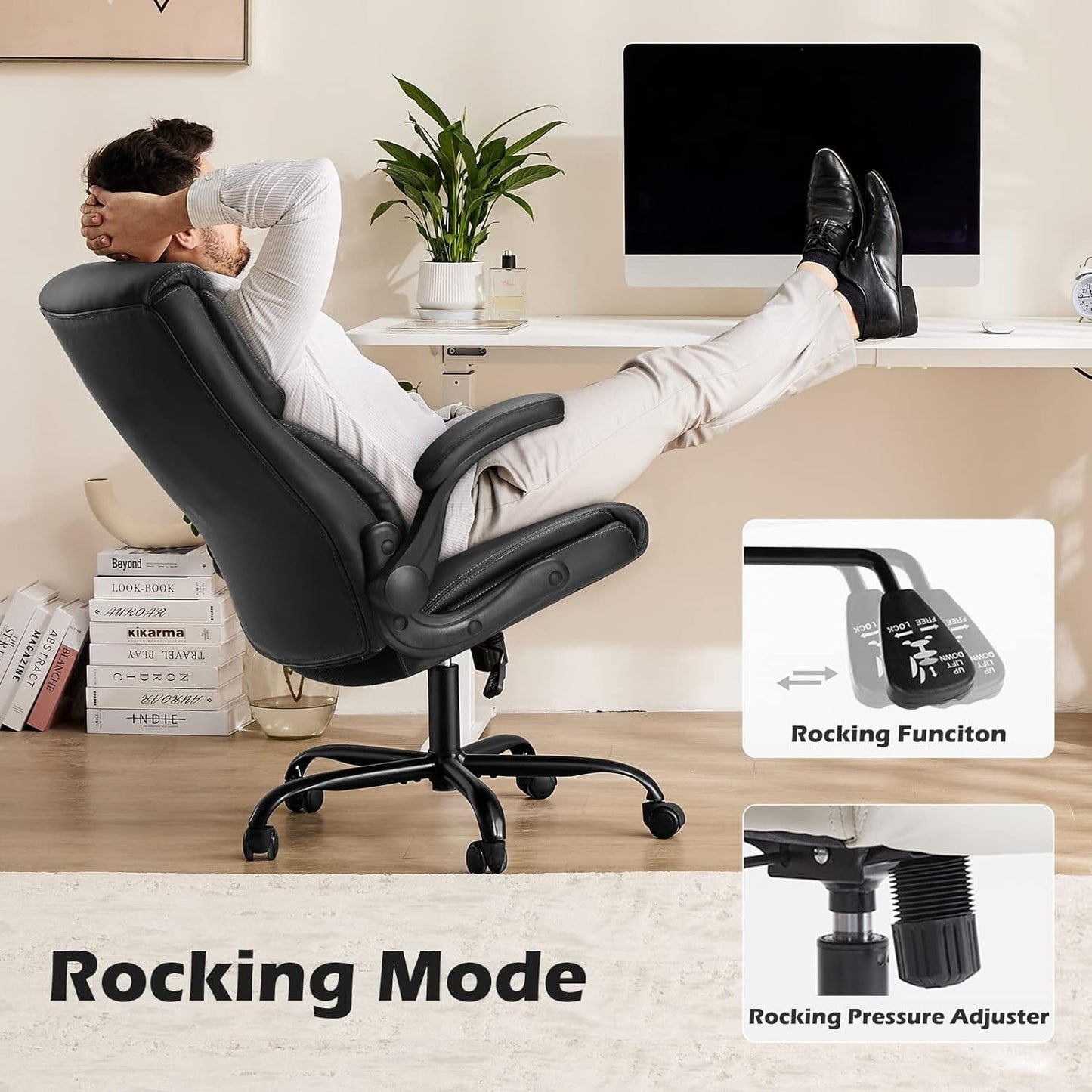 Ergonomic Executive Office Chair – High Back PU Leather, Adjustable Flip-Up Arms, Lumbar Support, Rocking Function, 360° Swivel, Easy Assembly