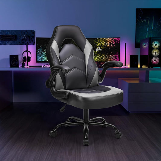 Ergonomic Gaming Chair – PU Leather, Lumbar Support, Flip-Up Arms, Rocking Function, 360° Swivel, Adjustable Height – High-Back Computer Desk Chair