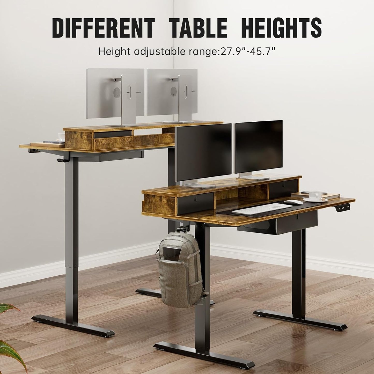 Electric Standing Desk with 3 Drawers & Monitor Shelf – Adjustable Height 27.9" to 45.7" Storage Side Pocket – Home Office Sit Stand Desk