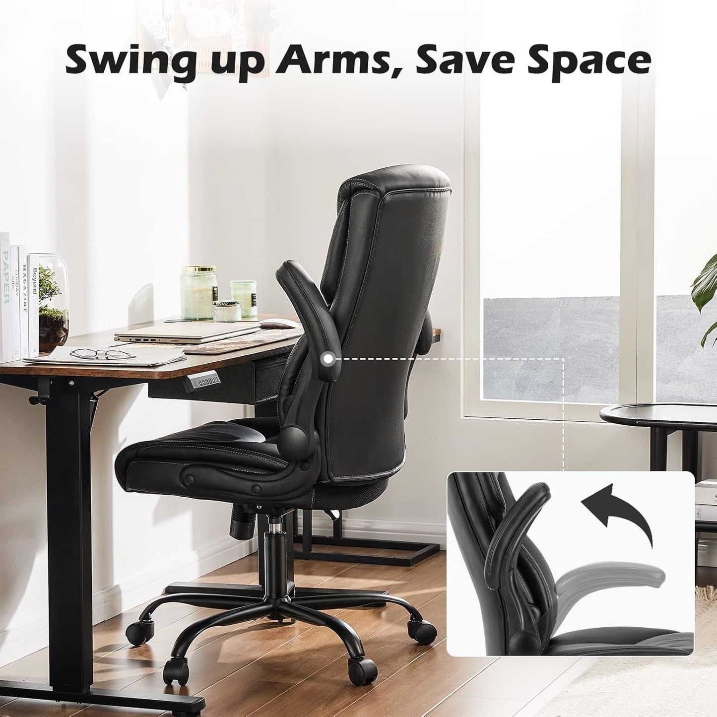 Ergonomic Executive Office Chair – High Back PU Leather, Adjustable Flip-Up Arms, Lumbar Support, Rocking Function, 360° Swivel, Easy Assembly