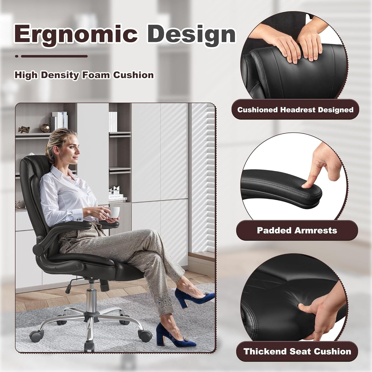 Ergonomic Executive Office Chair – High Back PU Leather, Adjustable Flip-Up Arms, Swivel & Rocking Function, Lumbar Support, 300 lb Capacity