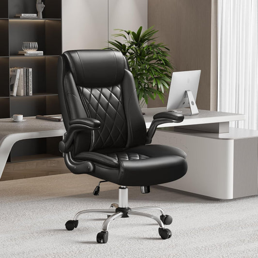 Ergonomic Executive Office Chair – High Back PU Leather, Adjustable Flip-Up Arms, Swivel & Rocking Function, Lumbar Support, 300 lb Capacity