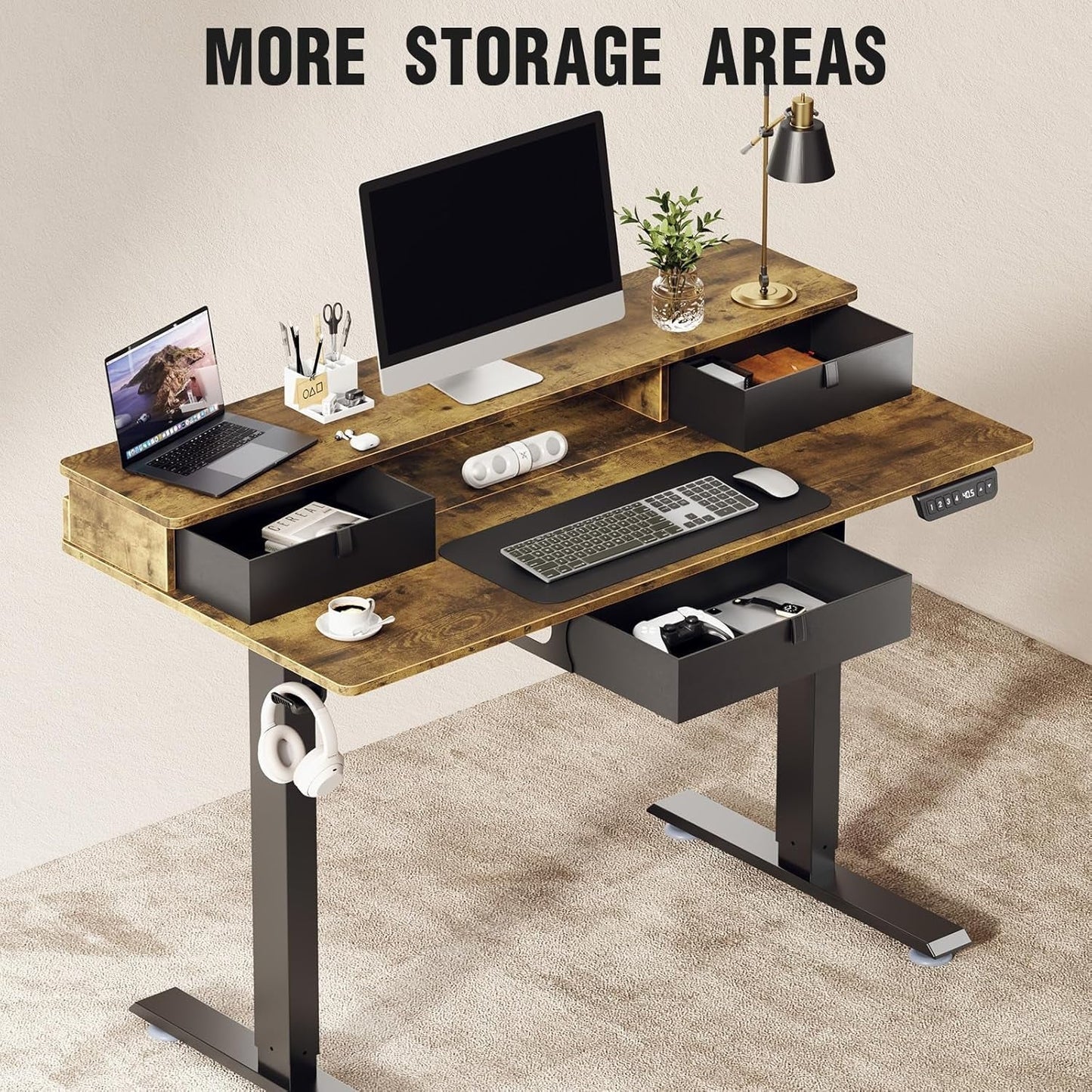 Electric Standing Desk with 3 Drawers & Monitor Shelf – Adjustable Height 27.9" to 45.7" Storage Side Pocket – Home Office Sit Stand Desk