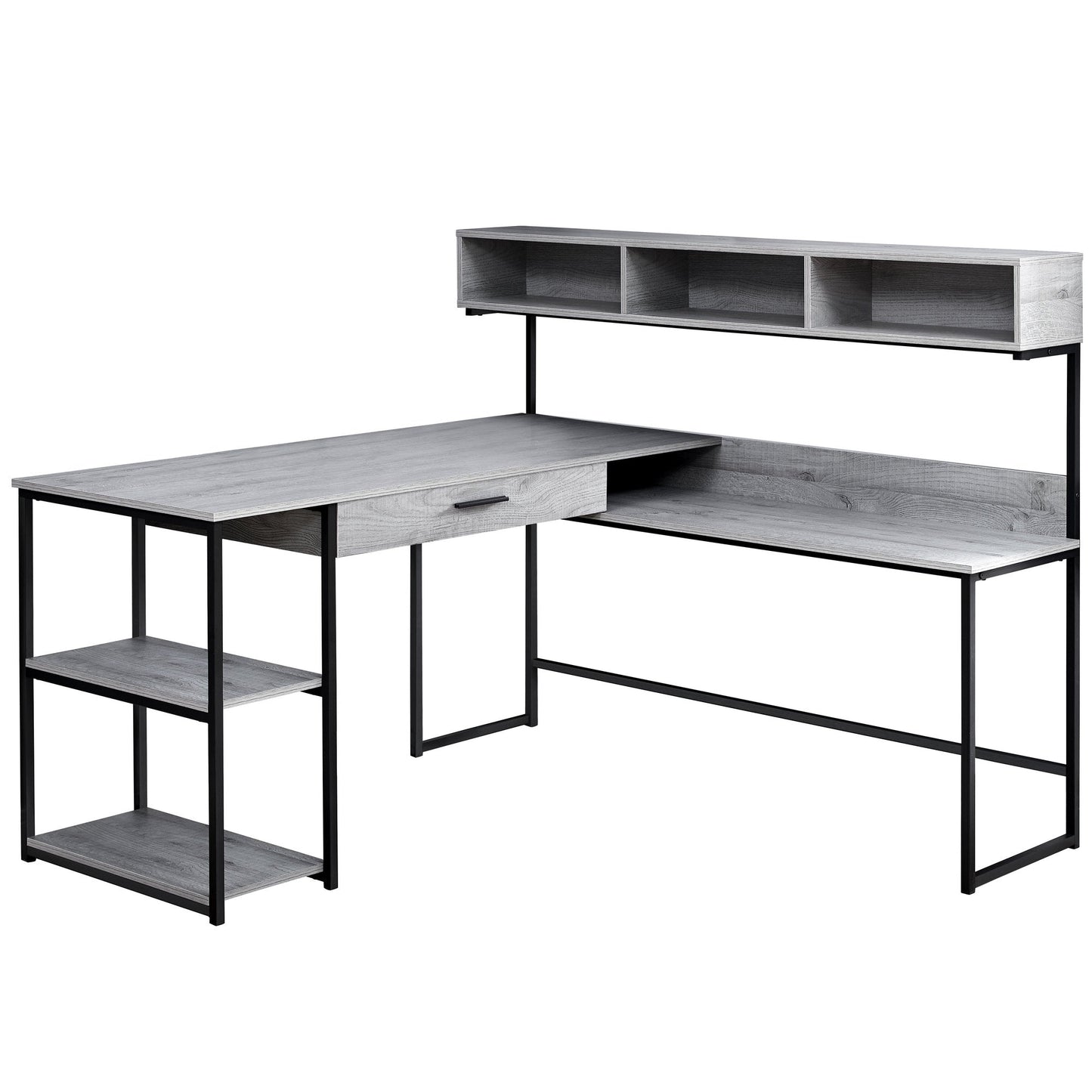 Modern L-Shaped Corner Computer Desk – 59" Taupe Desktop with Black Metal Frame & Storage Shelves