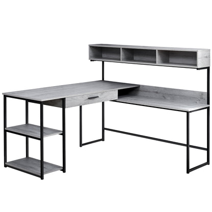 Modern L-Shaped Corner Computer Desk – 59" Taupe Desktop with Black Metal Frame & Storage Shelves