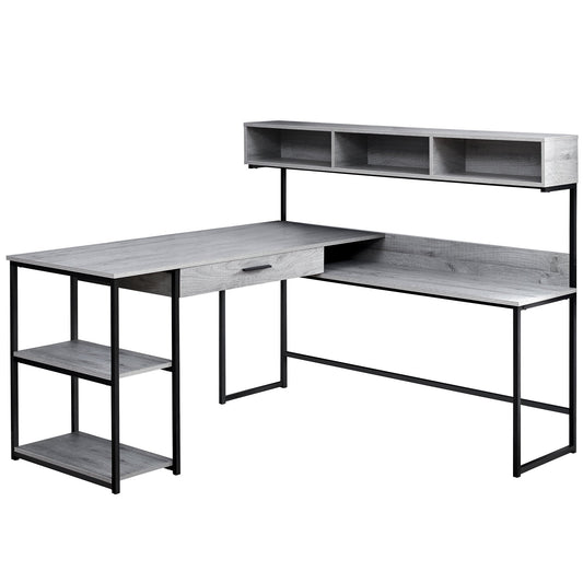 Modern L-Shaped Corner Computer Desk – 59" Taupe Desktop with Black Metal Frame & Storage Shelves