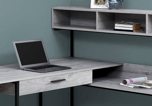 Modern L-Shaped Corner Computer Desk – 59" Taupe Desktop with Black Metal Frame & Storage Shelves
