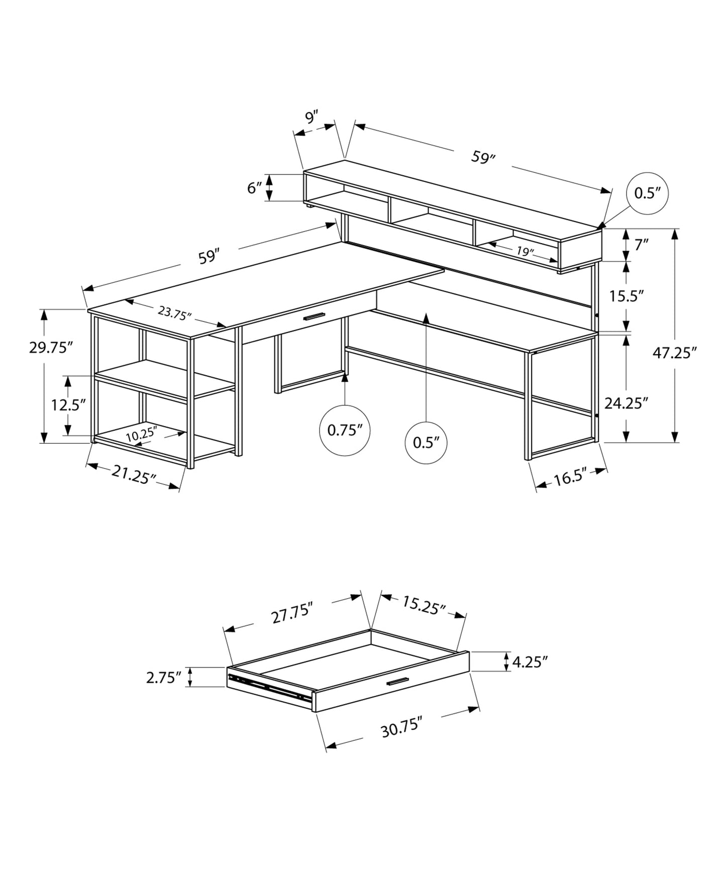 Modern L-Shaped Corner Computer Desk – 59" Taupe Desktop with Black Metal Frame & Storage Shelves