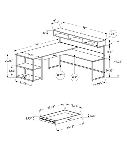 Modern L-Shaped Corner Computer Desk – 59" Taupe Desktop with Black Metal Frame & Storage Shelves