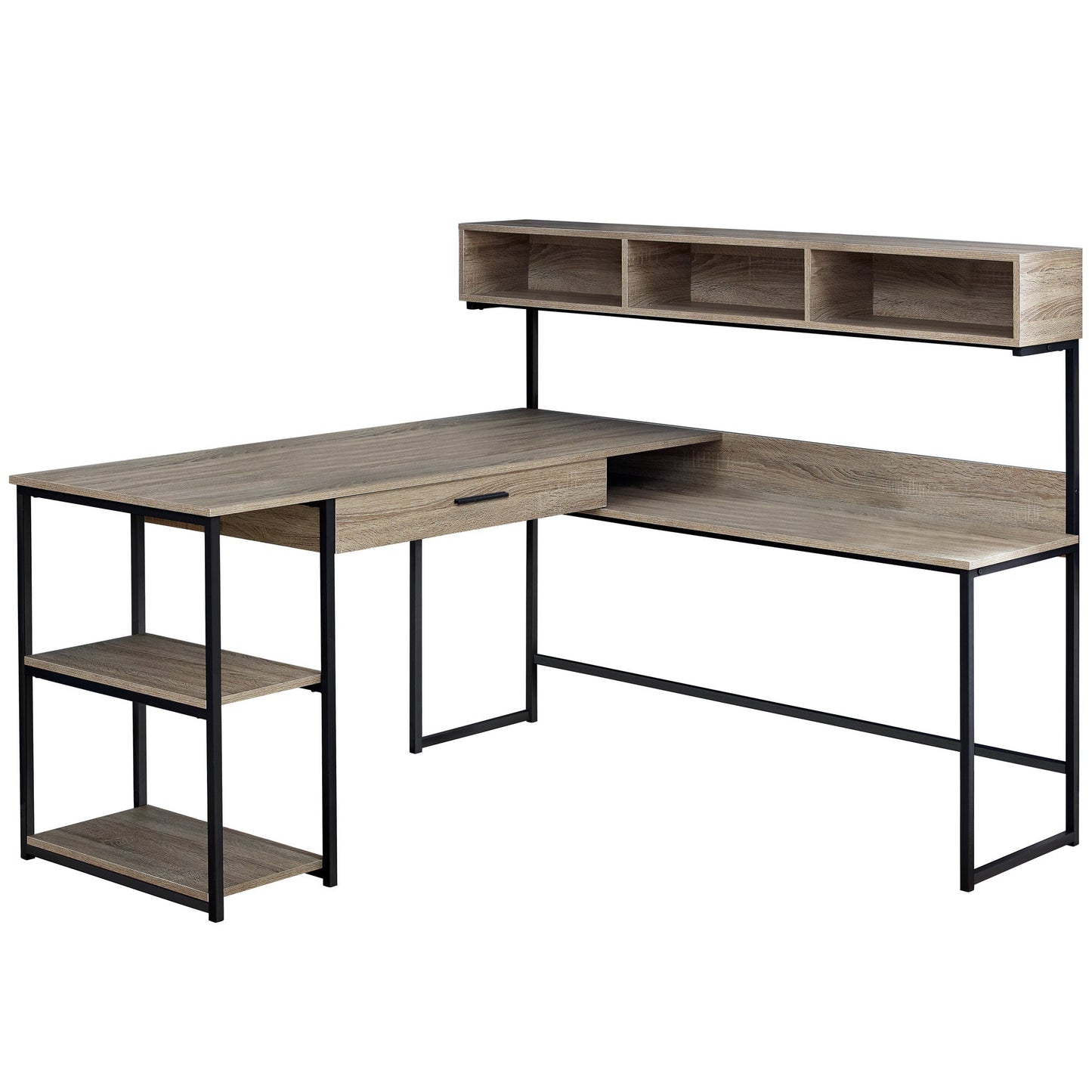 Modern L-Shaped Corner Computer Desk – 59" Taupe Desktop with Black Metal Frame & Storage Shelves