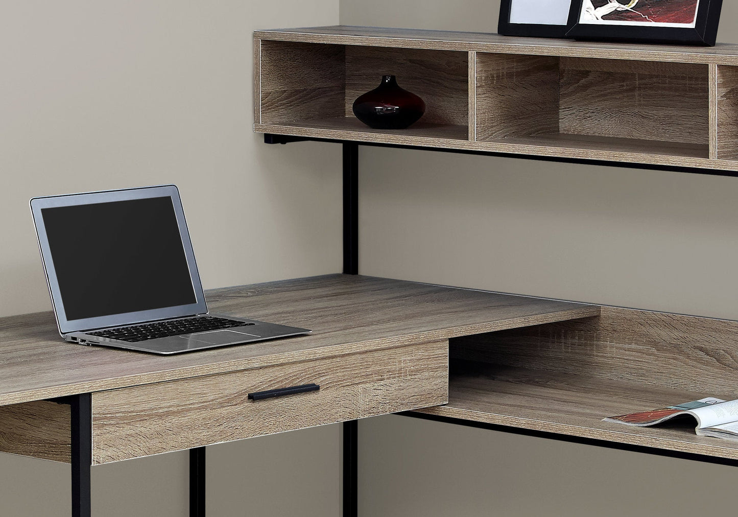 Modern L-Shaped Corner Computer Desk – 59" Taupe Desktop with Black Metal Frame & Storage Shelves