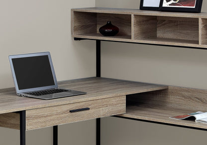 Modern L-Shaped Corner Computer Desk – 59" Taupe Desktop with Black Metal Frame & Storage Shelves