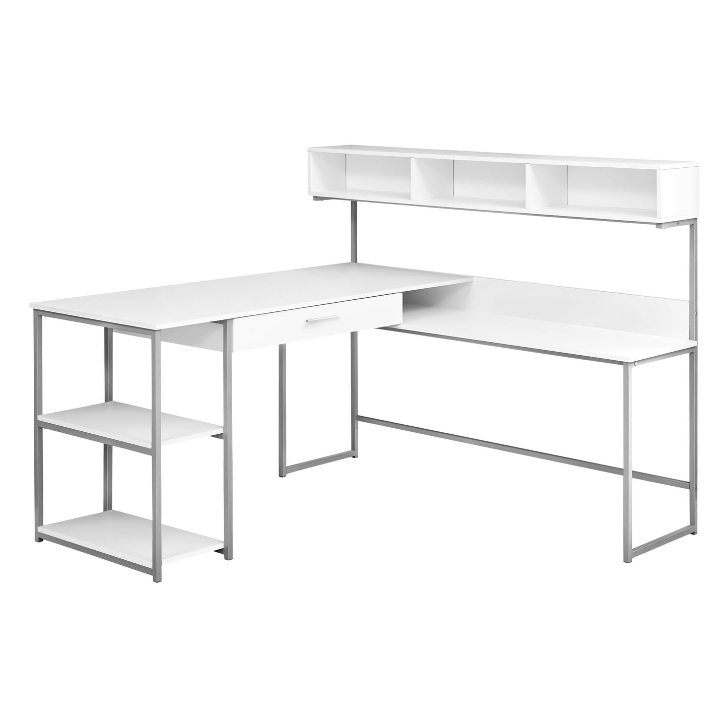 Modern L-Shaped Corner Computer Desk – 59" Taupe Desktop with Black Metal Frame & Storage Shelves