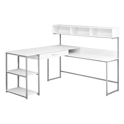 Modern L-Shaped Corner Computer Desk – 59" Taupe Desktop with Black Metal Frame & Storage Shelves