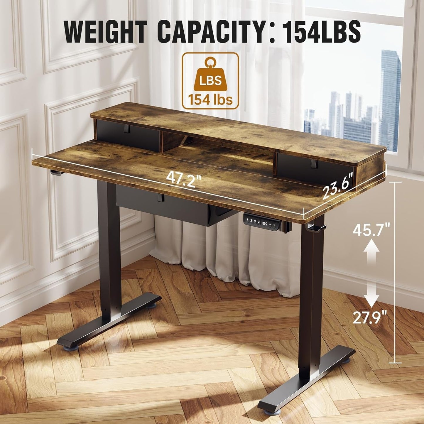 Electric Standing Desk with 3 Drawers & Monitor Shelf – Adjustable Height 27.9" to 45.7" Storage Side Pocket – Home Office Sit Stand Desk