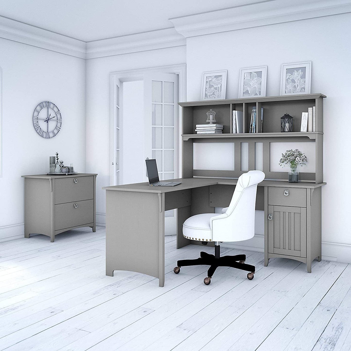Salinas L-Shaped Home Office Desk with Hutch and File Cabinet – 60W Corner Desk with Storage