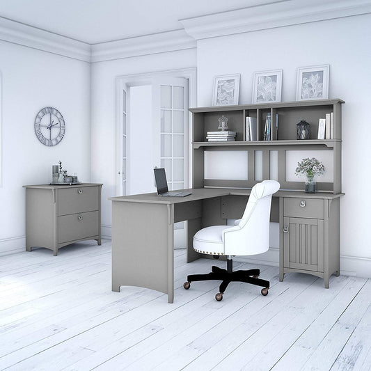 Salinas L-Shaped Home Office Desk with Hutch and File Cabinet – 60W Corner Desk with Storage