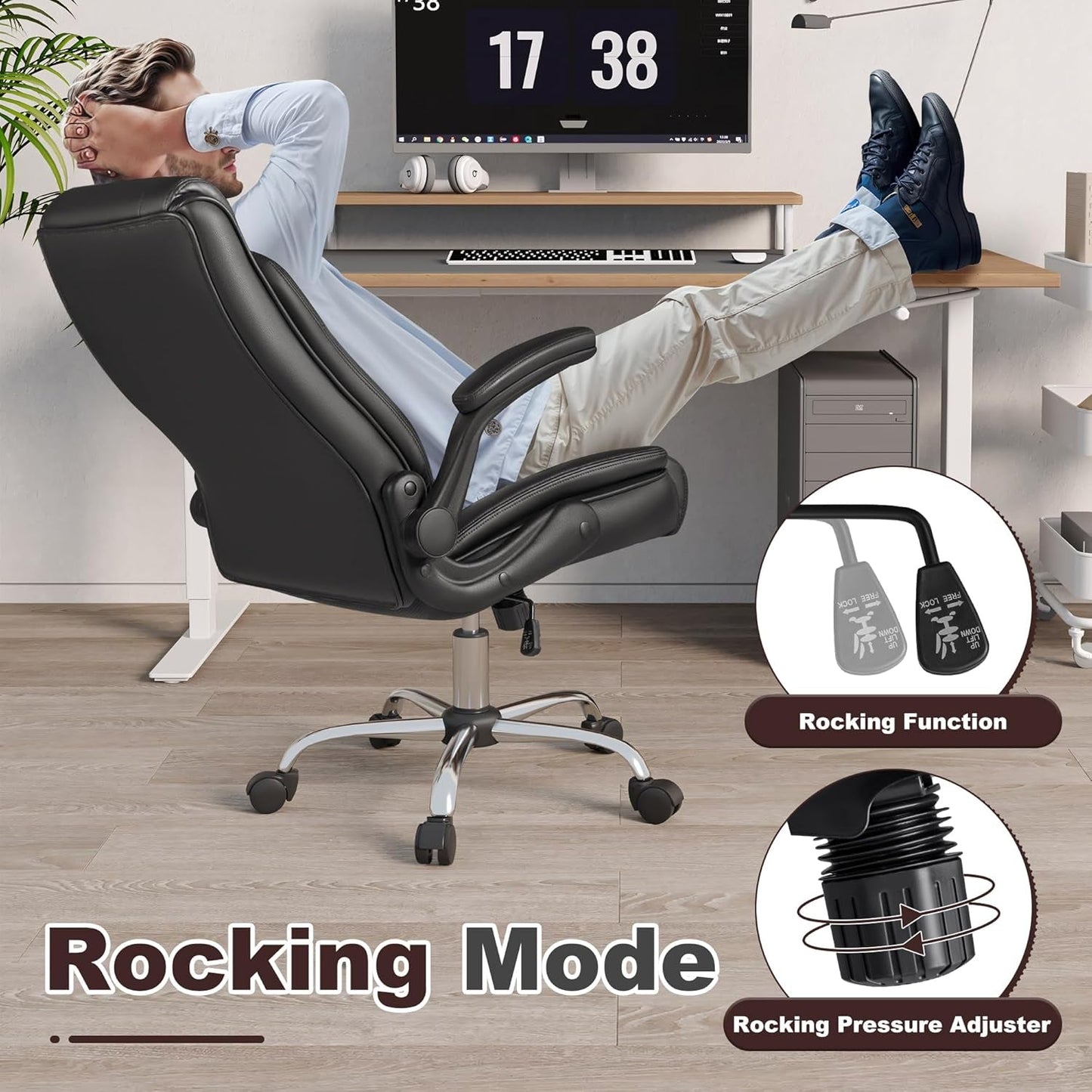 Ergonomic Executive Office Chair – High Back PU Leather, Adjustable Flip-Up Arms, Swivel & Rocking Function, Lumbar Support, 300 lb Capacity