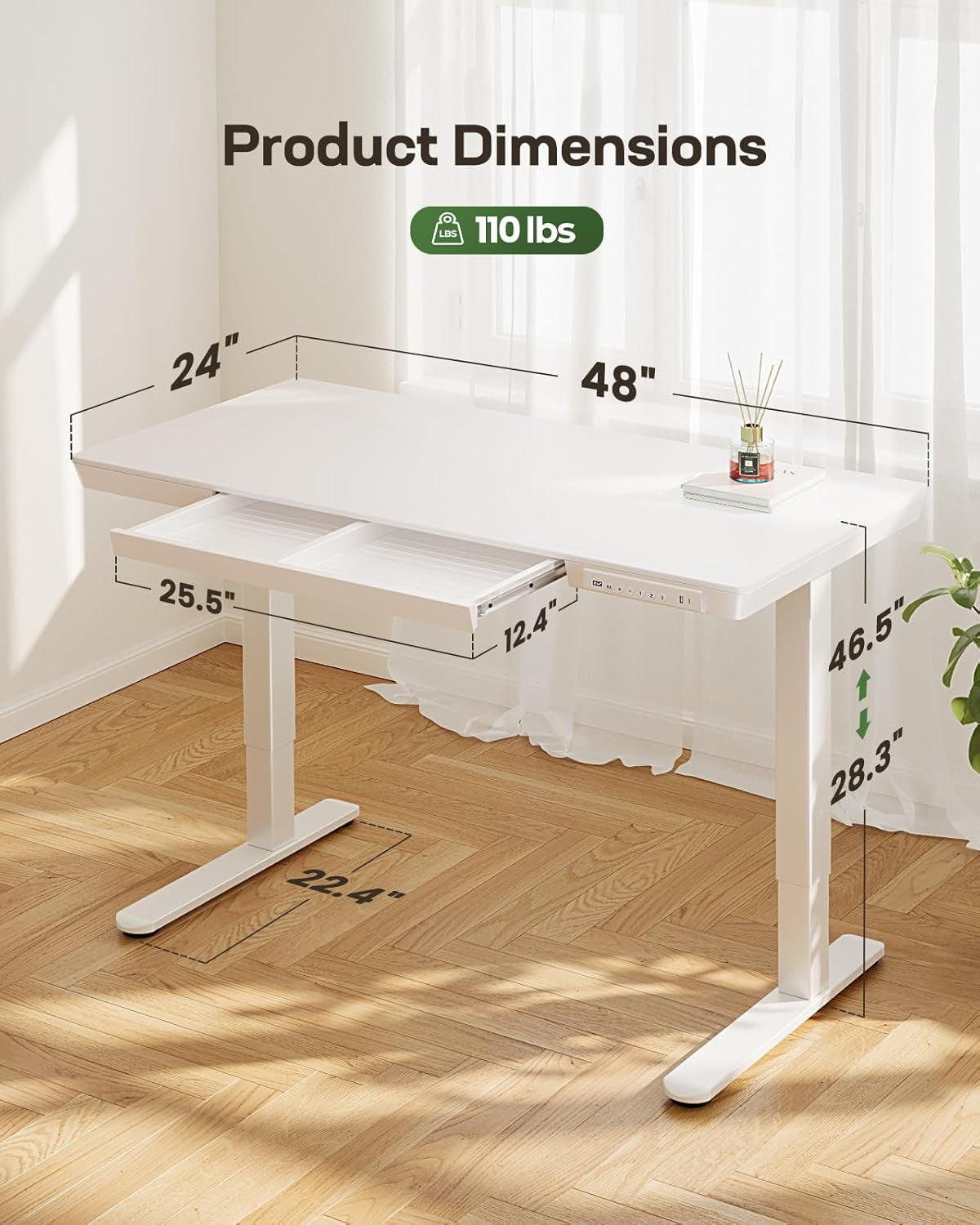 48"x24" Electric Standing Desk with Drawer – Whole Piece Wood Grain Tabletop, USB & USB-C Charging Ports – Sit Stand Desk for Home Office