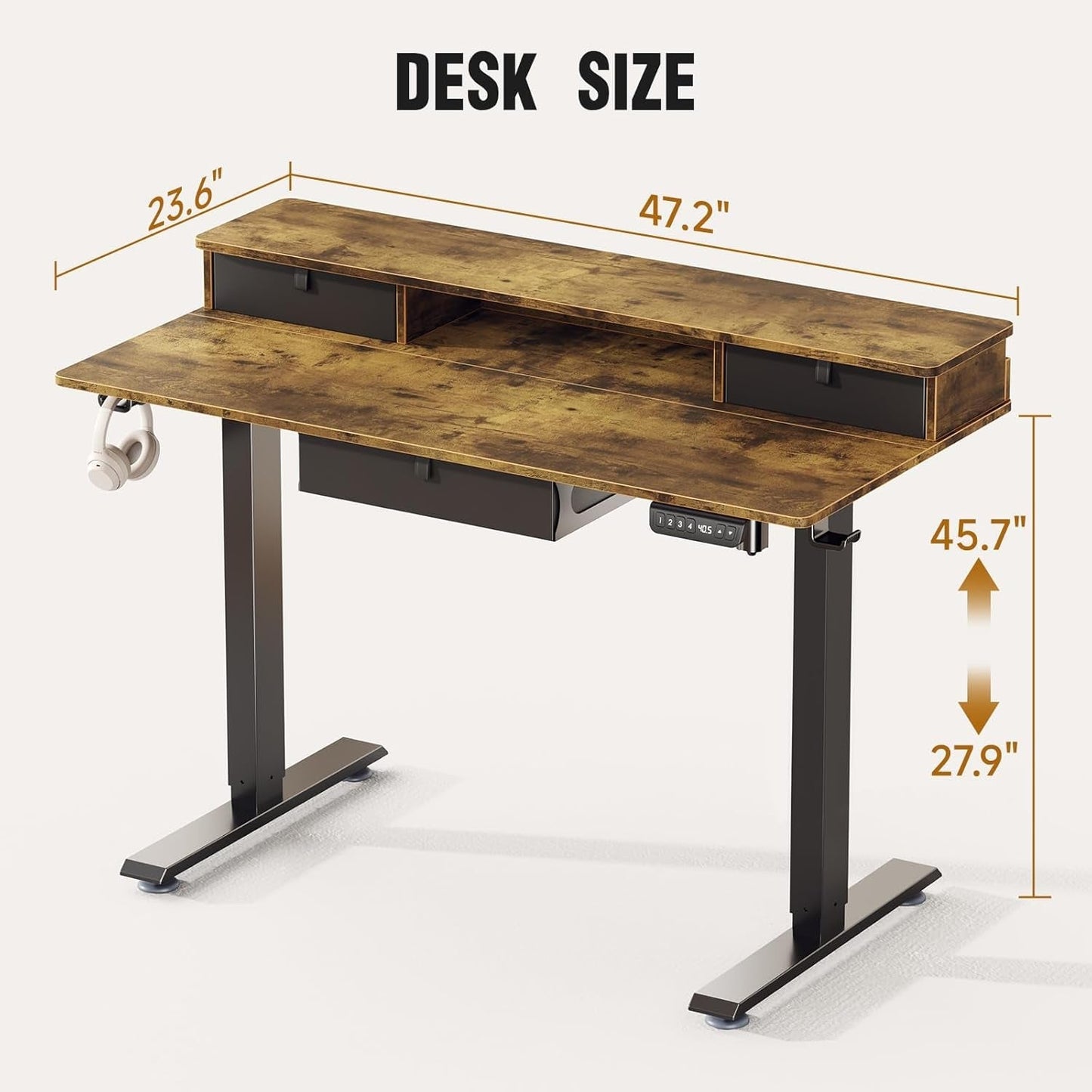 Electric Standing Desk with 3 Drawers & Monitor Shelf – Adjustable Height 27.9" to 45.7" Storage Side Pocket – Home Office Sit Stand Desk