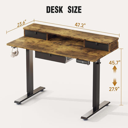 Electric Standing Desk with 3 Drawers & Monitor Shelf – Adjustable Height 27.9" to 45.7" Storage Side Pocket – Home Office Sit Stand Desk