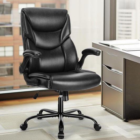 Ergonomic Executive Office Chair – High Back PU Leather, Adjustable Flip-Up Arms, Lumbar Support, Rocking Function, 360° Swivel, Easy Assembly