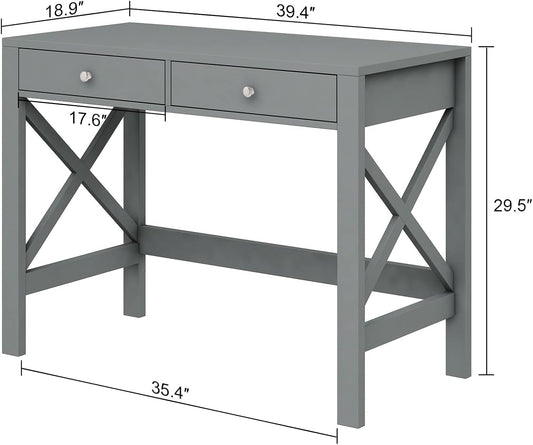 Modern Farmhouse Writing Desk – 2 Drawer Computer Desk with White X-Frame and MDF Top