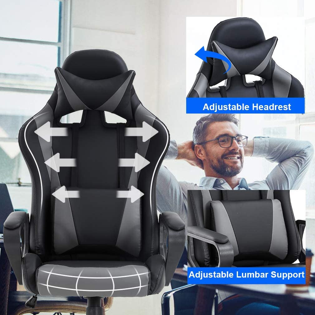 Ergonomic Gaming Chair with Lumbar Support – High Back PU Leather, Adjustable Recline 90–135°, 360° Swivel, Heavy-Duty Base, Easy Assembly