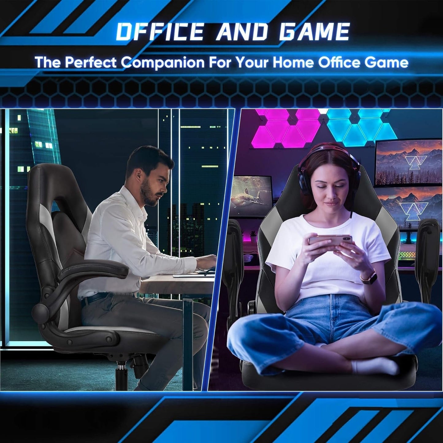 Ergonomic Gaming Chair – PU Leather, Lumbar Support, Flip-Up Arms, Rocking Function, 360° Swivel, Adjustable Height – High-Back Computer Desk Chair