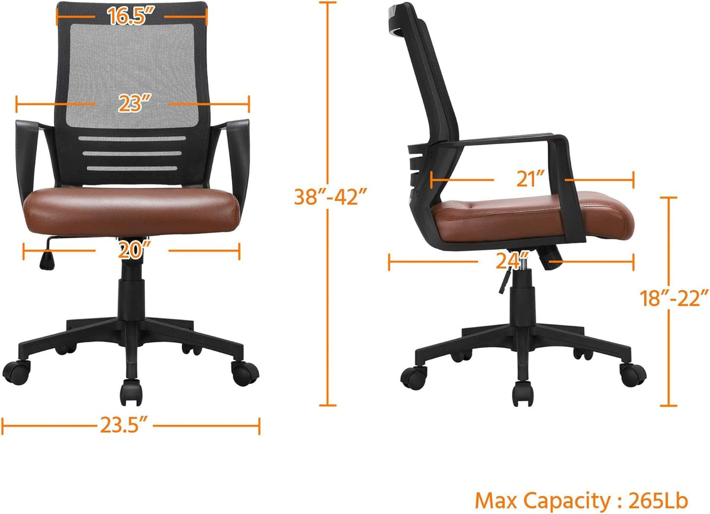 Ergonomic Office Chair – PU Leather & Mesh Design, Lumbar Support, Adjustable Height & Tilt, 265 lb Capacity, Swivel Desk Chair for Home or Office