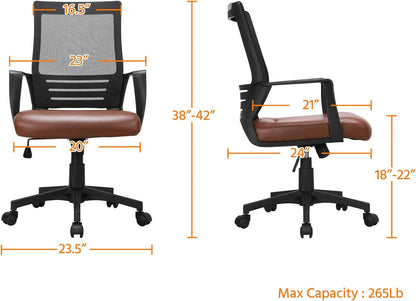 Ergonomic Office Chair – PU Leather & Mesh Design, Lumbar Support, Adjustable Height & Tilt, 265 lb Capacity, Swivel Desk Chair for Home or Office