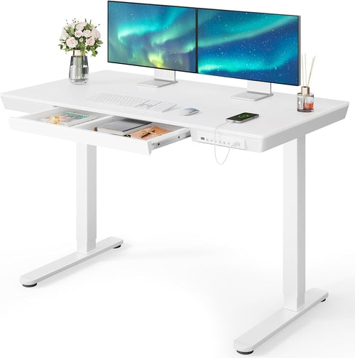48"x24" Electric Standing Desk with Drawer – Whole Piece Wood Grain Tabletop, USB & USB-C Charging Ports – Sit Stand Desk for Home Office