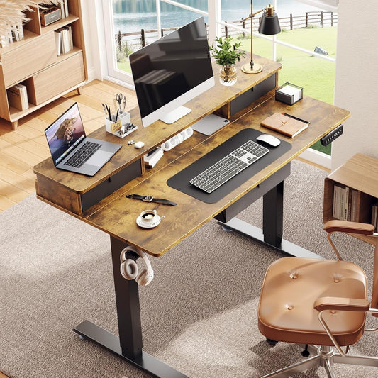 Electric Standing Desk with 3 Drawers & Monitor Shelf – Adjustable Height 27.9" to 45.7" Storage Side Pocket – Home Office Sit Stand Desk