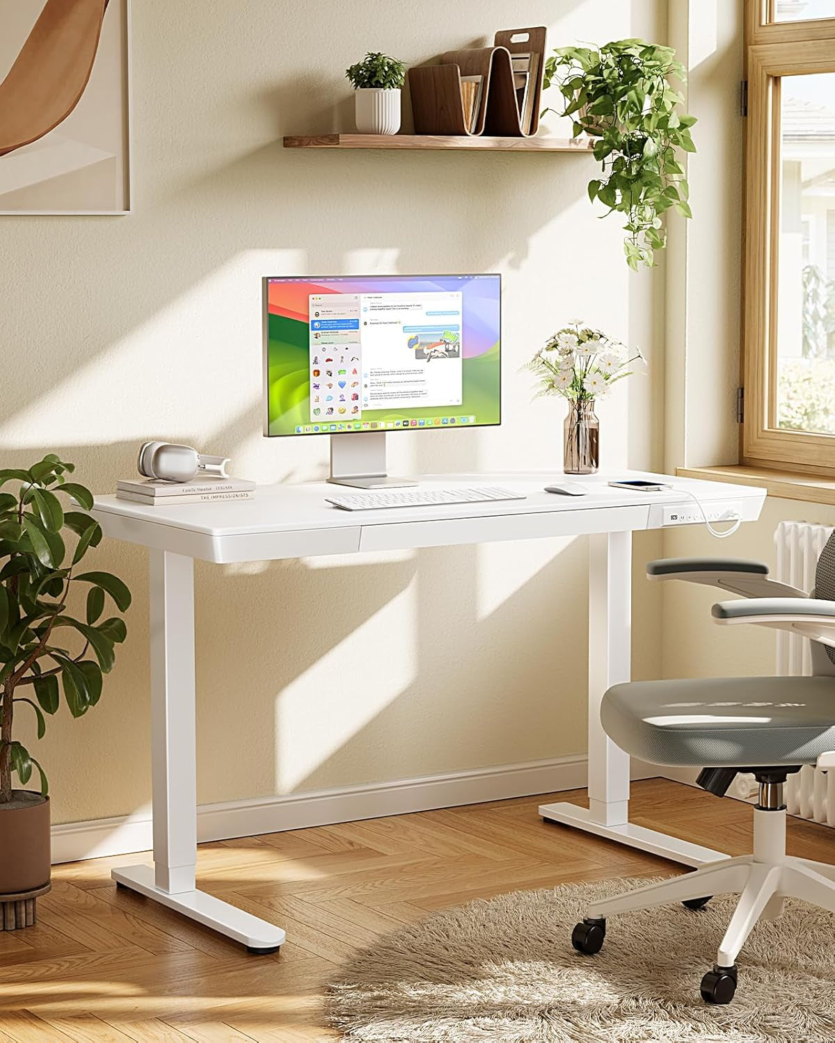 48"x24" Electric Standing Desk with Drawer – Whole Piece Wood Grain Tabletop, USB & USB-C Charging Ports – Sit Stand Desk for Home Office