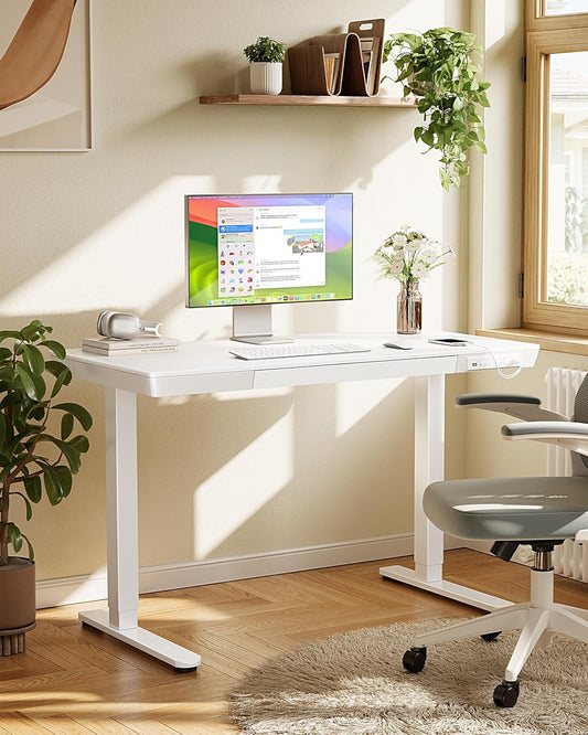 48"x24" Electric Standing Desk with Drawer – Whole Piece Wood Grain Tabletop, USB & USB-C Charging Ports – Sit Stand Desk for Home Office