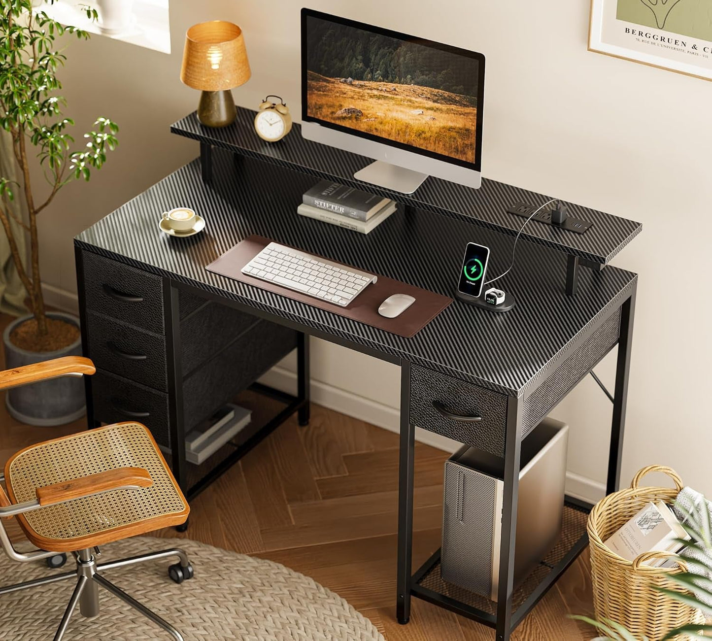 47" LED Gaming Desk with 4 Storage Drawers – RGB Lights, USB/Type-C Charging & Monitor Stand
