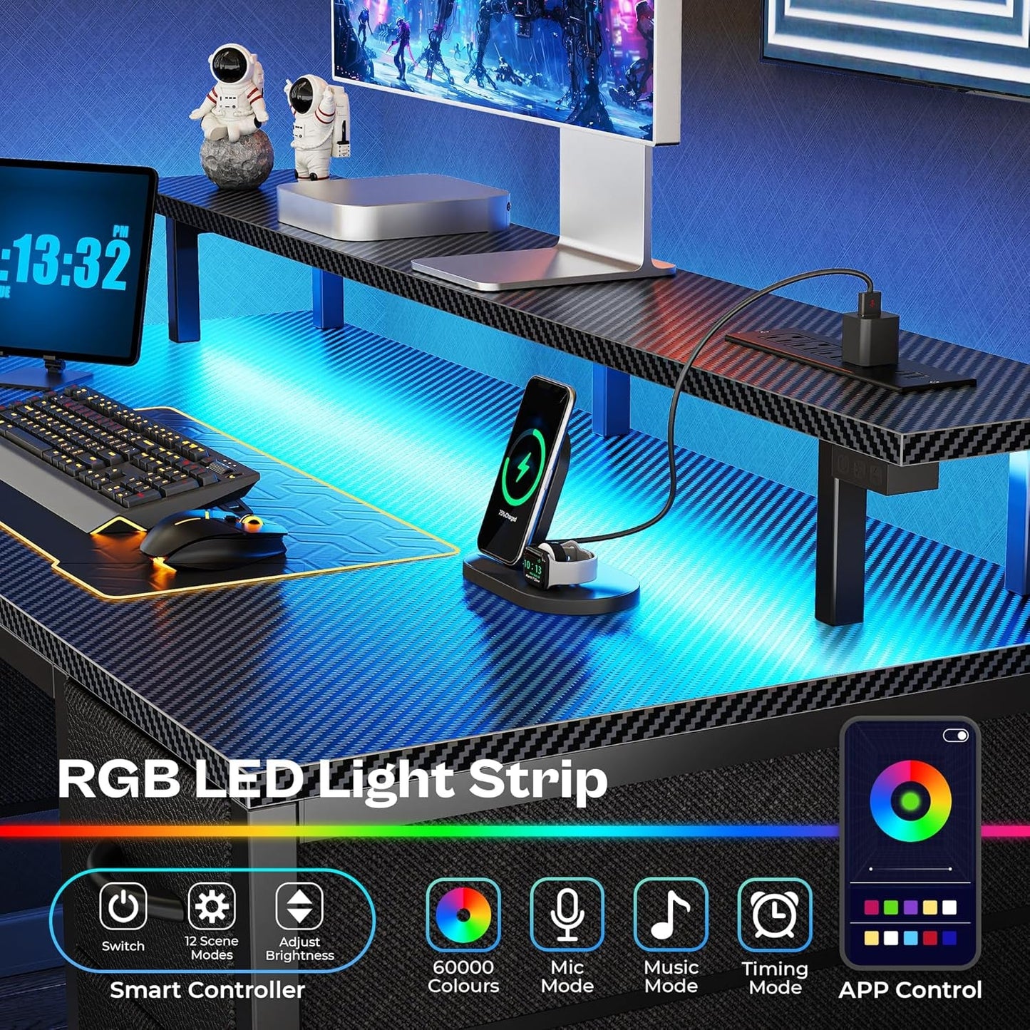 47" LED Gaming Desk with 4 Storage Drawers – RGB Lights, USB/Type-C Charging & Monitor Stand