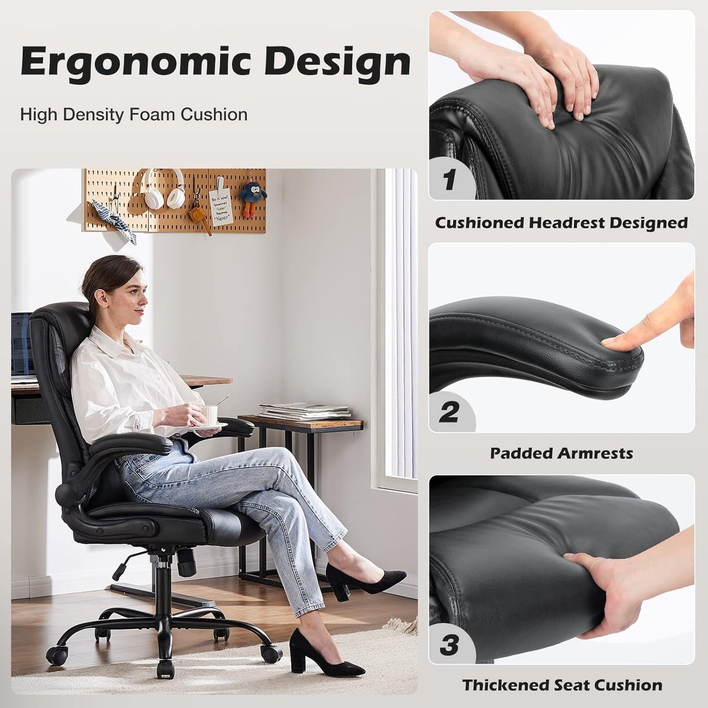 Ergonomic Executive Office Chair – High Back PU Leather, Adjustable Flip-Up Arms, Lumbar Support, Rocking Function, 360° Swivel, Easy Assembly