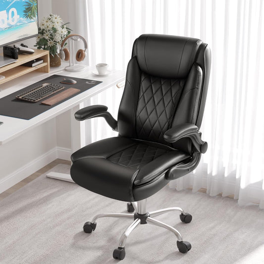 Ergonomic Executive Office Chair – High Back PU Leather, Adjustable Flip-Up Arms, Swivel & Rocking Function, Lumbar Support, 300 lb Capacity