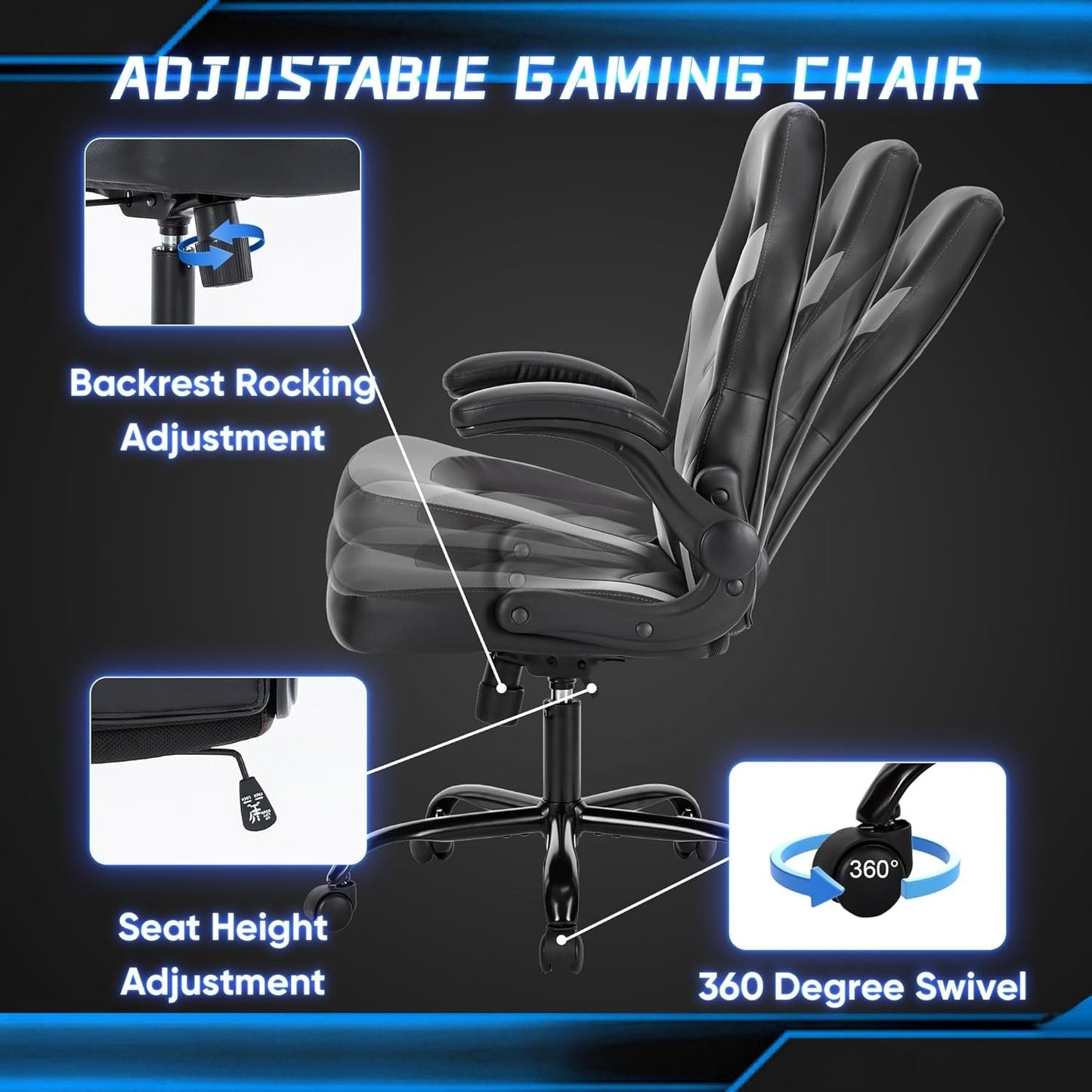 Ergonomic Gaming Chair – PU Leather, Lumbar Support, Flip-Up Arms, Rocking Function, 360° Swivel, Adjustable Height – High-Back Computer Desk Chair