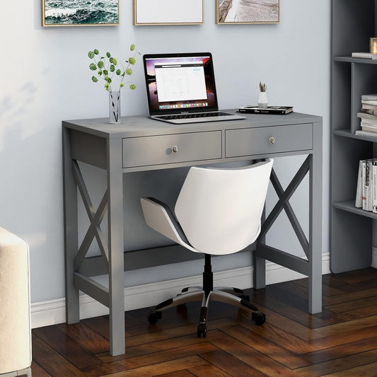 Modern Farmhouse Writing Desk – 2 Drawer Computer Desk with White X-Frame and MDF Top