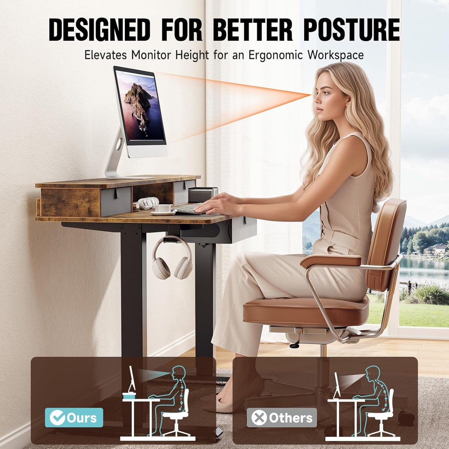 Electric Standing Desk with 3 Drawers & Monitor Shelf – Adjustable Height 27.9" to 45.7" Storage Side Pocket – Home Office Sit Stand Desk